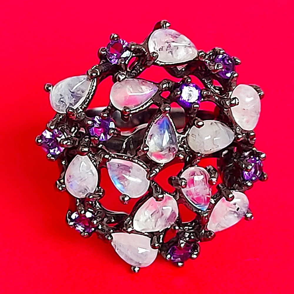 Natural Moonstone & Amethyst 925 Sterling Silver Ring‎ Sz 7